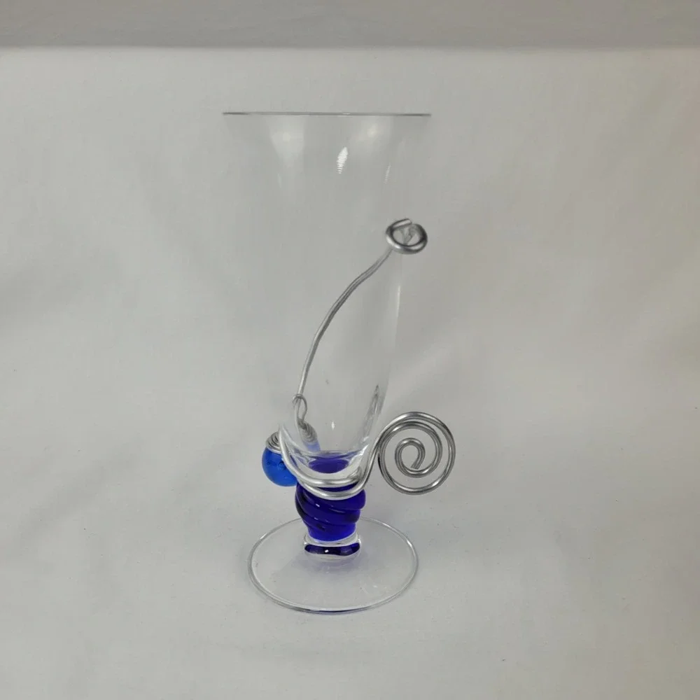 Art Glass Vase Cobalt Blue Twisted Stem Silver Wire Wrap Spiral
